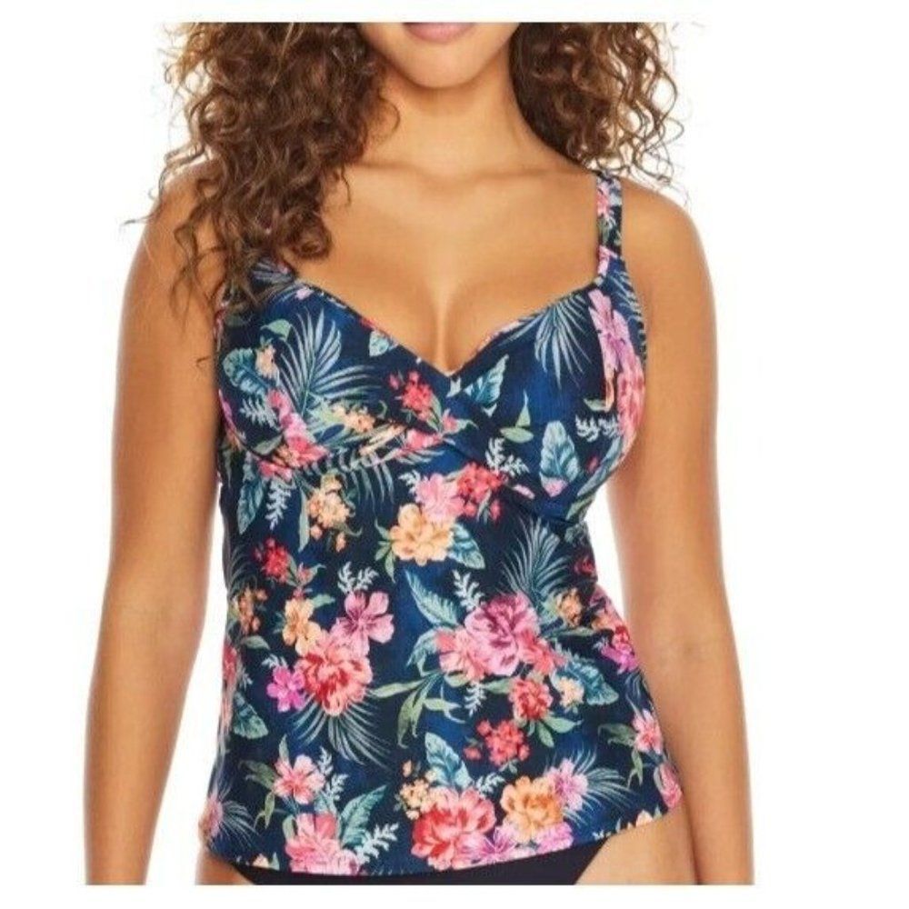 Birdsong Size 36DD Floral Tropical Print Underwire Wrap Tankini Swim Top